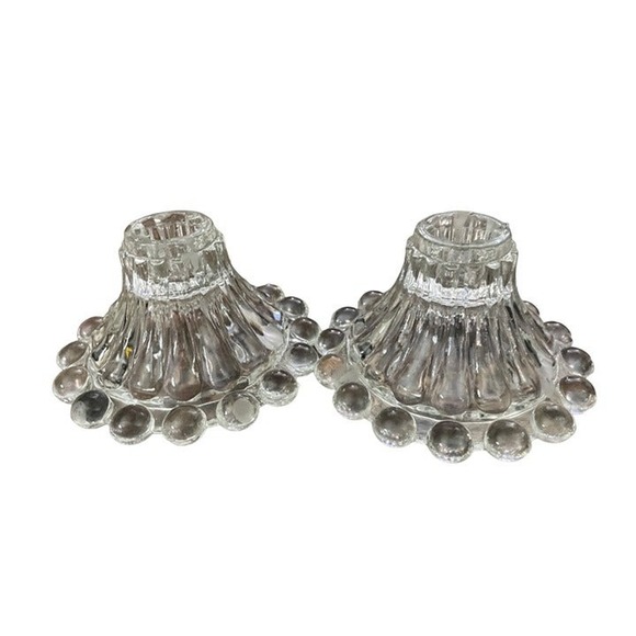 Set of 2 Clear Glass Vintage Candle Holders with Beaded Rims - Picture 3 of 4